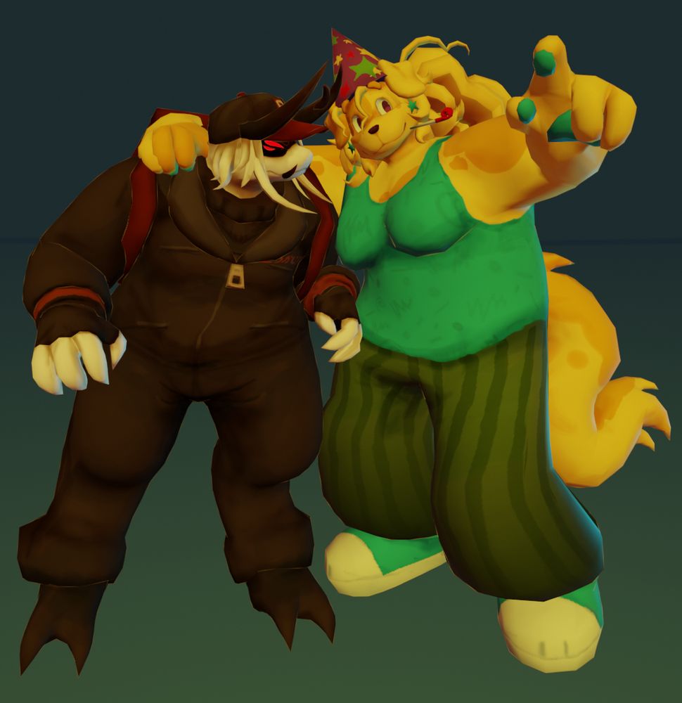 a 3d render of pest and poob from regretevator, poob leaning over on pests shoulder.