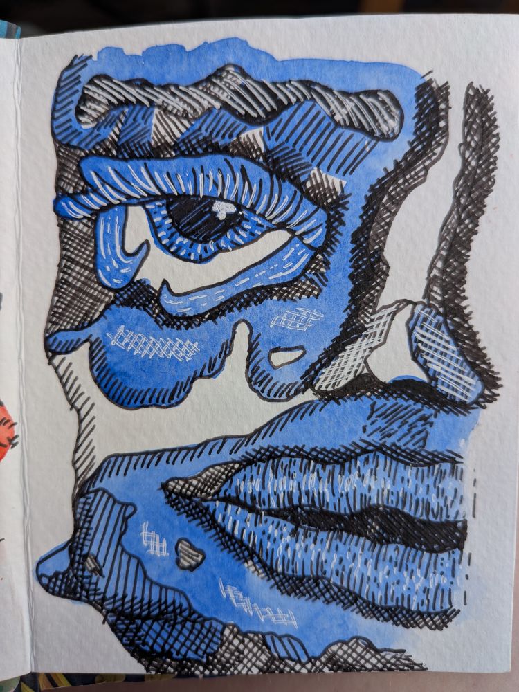 Zu sehen sind wieder deu beiden blauen Blobs. sie würden mir Hilfe von Linien zu seinem Gesicht verwandelt. Es ist etwas unförmig, weil die Blobs nicht die perfekte Form haben, aber mir Hilfe von schwarzen und weißen Schraffuren wurde mehr Tiefe erzeugt. 