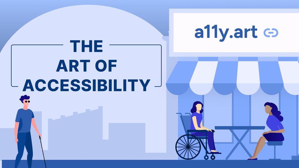 An illustration of a street. There is a visually impaired person, walking with a white cane. A wheelchair user sits next to another person in a small shop. The shop's banner says "a11y.art", the URL for the book.
