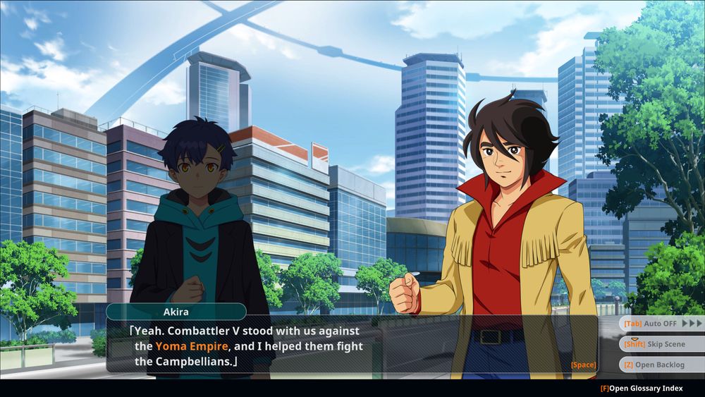 Screenshot from the videogame Super Robot Wars Y.

Yomogi Asanaka from SSSS.Dynazenon (2021) and Akira Hibiki from Reideen the Brave (1975) are standing side by side, dressed in relatively typical clothes one might expect a teenager from their respective eras to be wearing.

Akira is responding to a question that Yomogi had about the Battle Team: "Yeah. Combattler V stood with us against the Yoma Empire, and I helped them fight the Campbellians."
