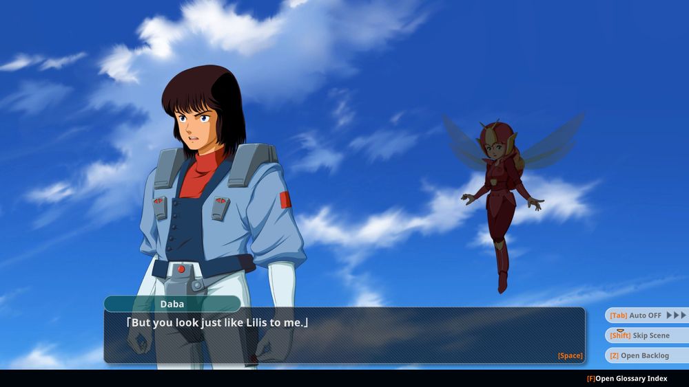 Screenshot from the videogame Super Robot Wars Y, featuring a conversation between Daba Myroad from the anime Heavy Metal L-Gaim (1984) and Chum Huau from Aura Battler Dunbine (1983).

Daba is saying: "But you look just like Lilis to me."