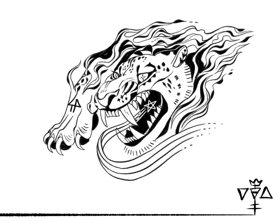 illustration of leopard paw outstretched, and head consuming a shooting star. they are trailed by fire.