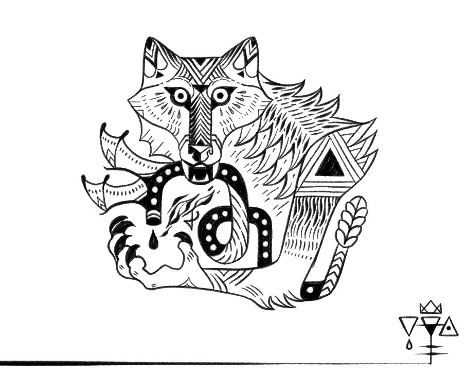 Simplified werewolf holding the remains of a winged viper in their mouth. 