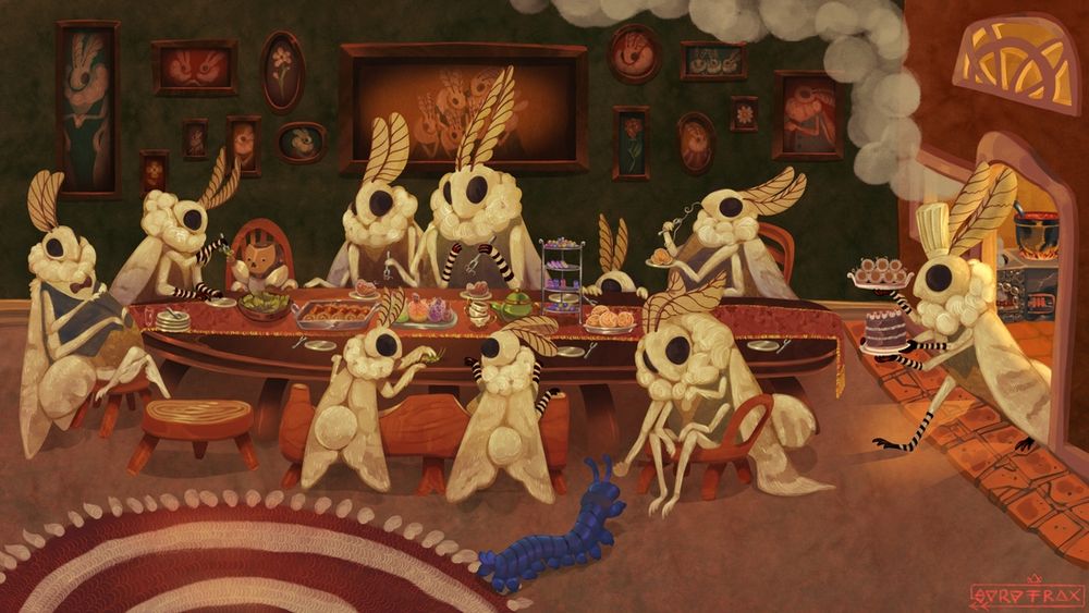 Painting of a moth family having dinner at a long table. There are family portraits on the green wall behind them, and a velvet worm pet. A chef moth is bringing more food to the table from the kitchen. 