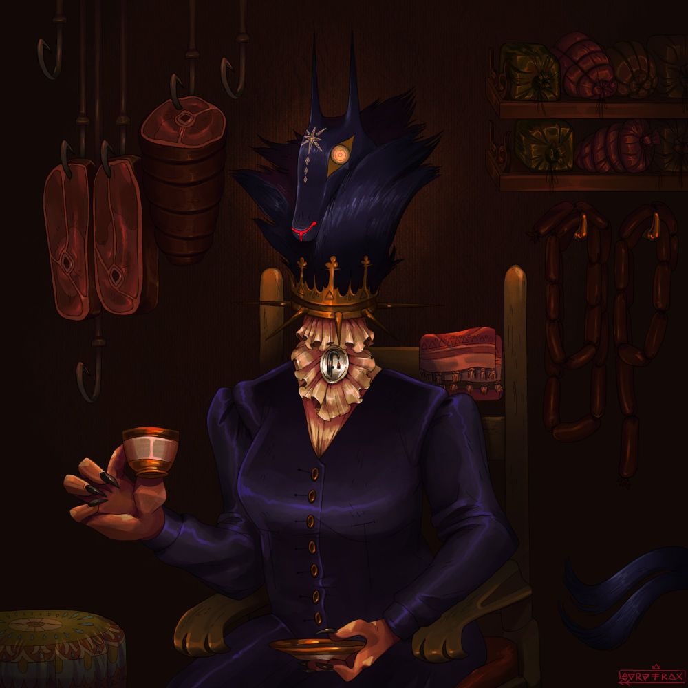 A lupine person wearing a silk dress sitting in a wooden chair holding a teacup. There is a selection of meat behind her. 
