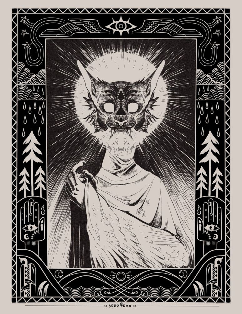 Feline being with a robe made of wings, their head is eclipsing the sun. 