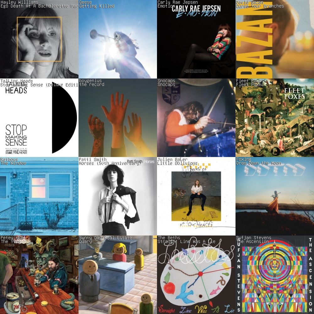 A 4x4 grid compilation of album covers from Hayley Williams, geese, Carly Rae jepsen, David bazan, talking heads, boygenius, snocaps, fleet foxes, ratboys, Patti smith, Julien baker, foxing, Petey, sunny day real estate, the Beth’s, Sufjan Stevens