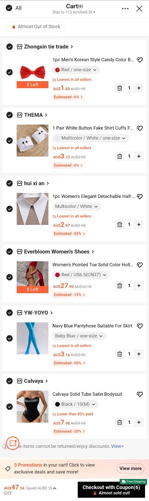 Shein shopping cart containing:
Red bow-tie 
White cuffs
White collar
Red shoes
Blue stockings
Black strapless leotard
Missing White rabbit tail