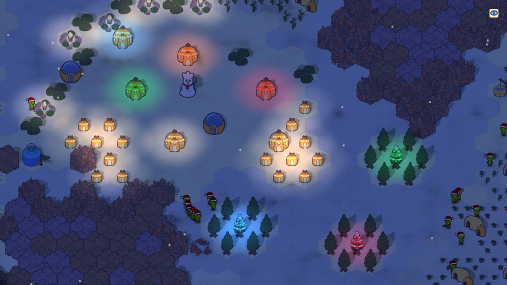 A screenshot of the indie strategy game Green Again showing a tiny village at night, houses and Christmas trees are lit by colorful lights, it is snowing and tiny green plant people are walking around wearing Santa hats.