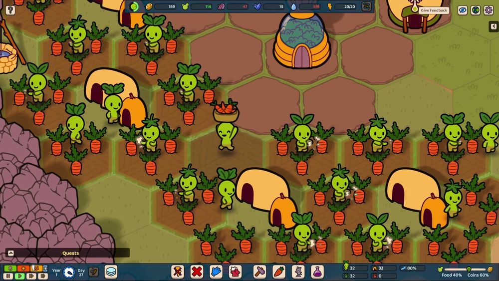 A screenshot of the indie strategy game Green Again. A group of tiny plant people, the sproutlings harvesting big carrots in a colorful landscape.
