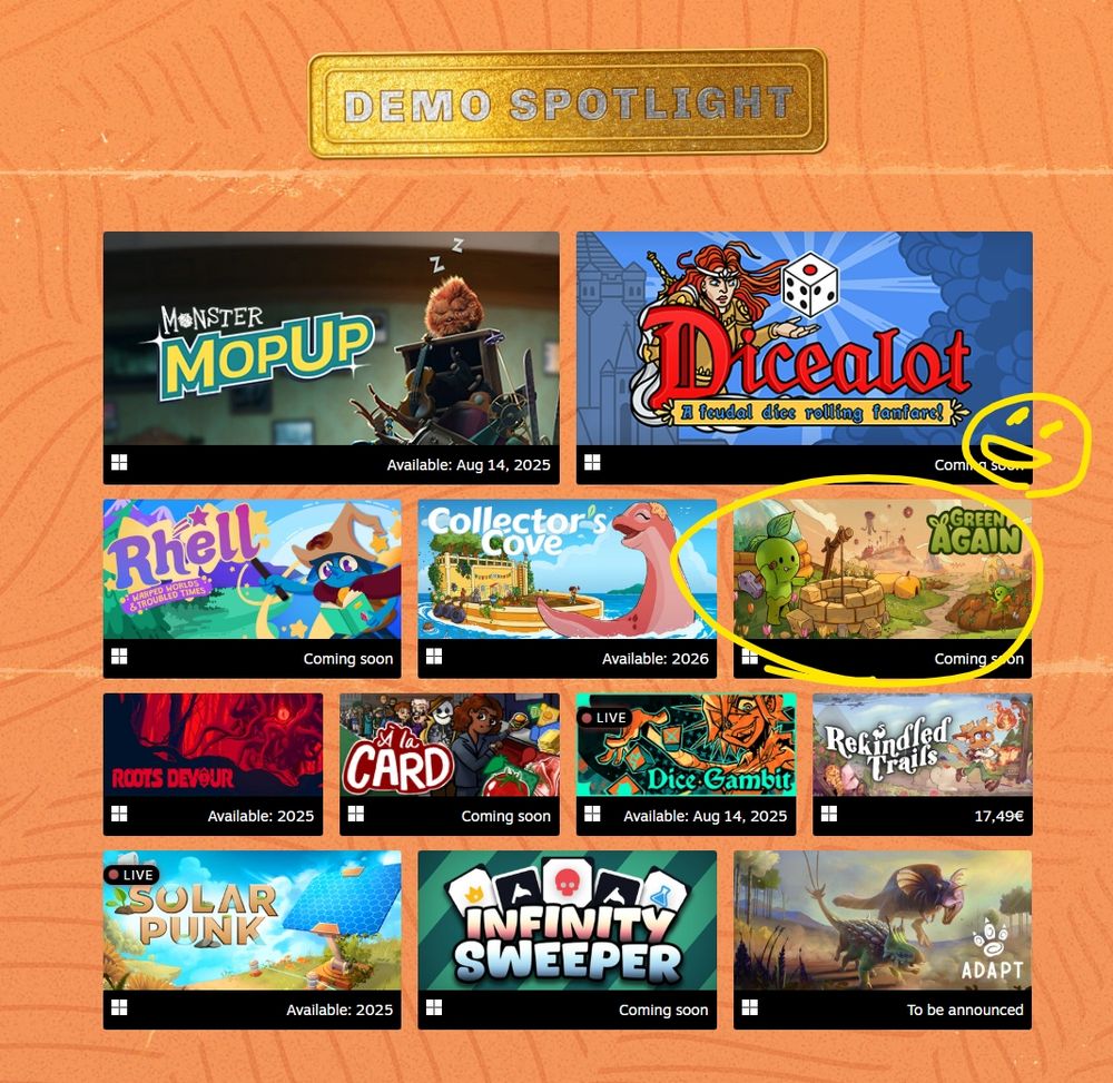 A screenshot of the Yogscast Tiny Teams event page listing Green Again amongst other demo titles.