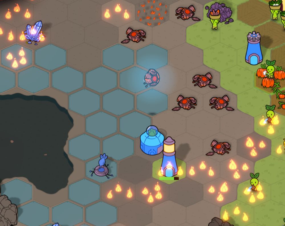 A sneak peek screenshot from the indie colony builder Green Again. It depicts the desolate Forge zone with barren soil, dirty water and steel tiles laid down by robots. Parts of the ground are on fire and little plant people are trying to put out the fires and protect their green habitat on the right side of the screenshot. A drone robot is hovering next to them and several others are found destroyed on the ground.