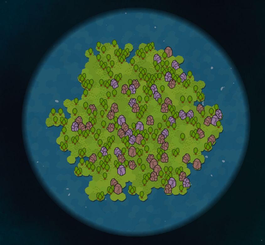 A screenshot of the world screen of the indie colony sim Green Again depicting a lush green continent in the middle of an ocean planet. The continent is filled with tiny trees, purple and brown rocks.