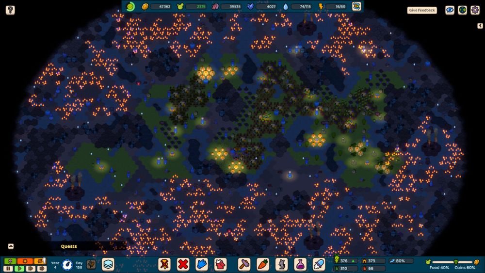 A bird's eye view screenshot of the indie strategy game Green Again showing a settlement by night. Tiny houses and farms are surrounded by red, glowing flames from every direction.