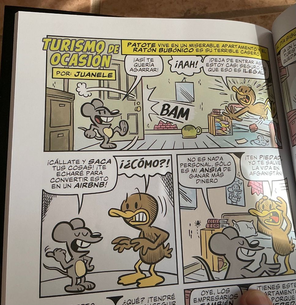 A picture of the first page of my published comic, it shows the Bubonic Mouse and Patote in the latter’s house
