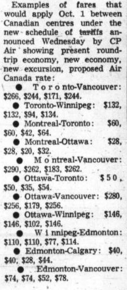 Canadian Press, Aug 31, 1972. Proposed Air Canada fares