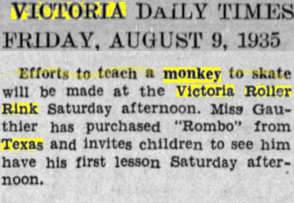 VICTORIA DAILY TIMES FRIDAY, AUGUST 9, 1935 Efforts to teach a monkey to skate will be made at the Victoria Roller Rink Saturday afternoon. Miss Gauthier has purchased 