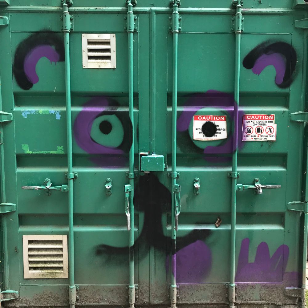 Photo of a shipping container end with a crude but friendly bear (dog?) face painted on it. Trout Lake, Vancouver.
