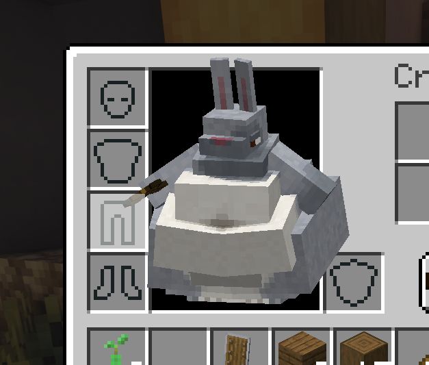 A screenshot of the 'Minecraft' inventory interface. The player character (an extremely obese anthropomorphic grey rabbit) is so wide that they do not fit in the player-preview in the inventory screen, and their hips partially cover bits of the interface.