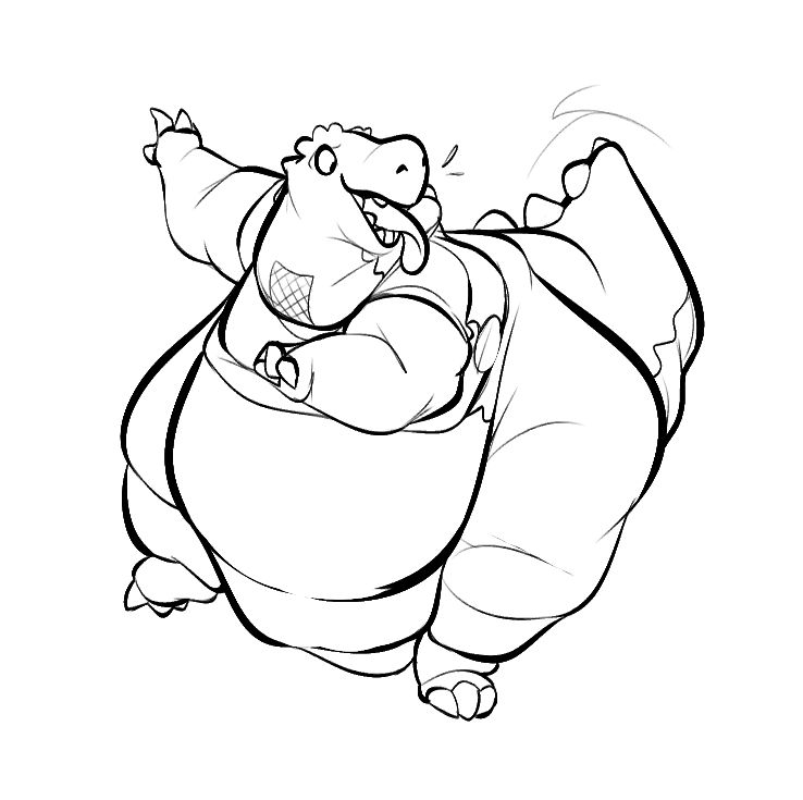 Digital art — the character Gulpee Rex (a mascot available in the theme-park management simulator Planet Coaster), but very obese, with wide hips.
