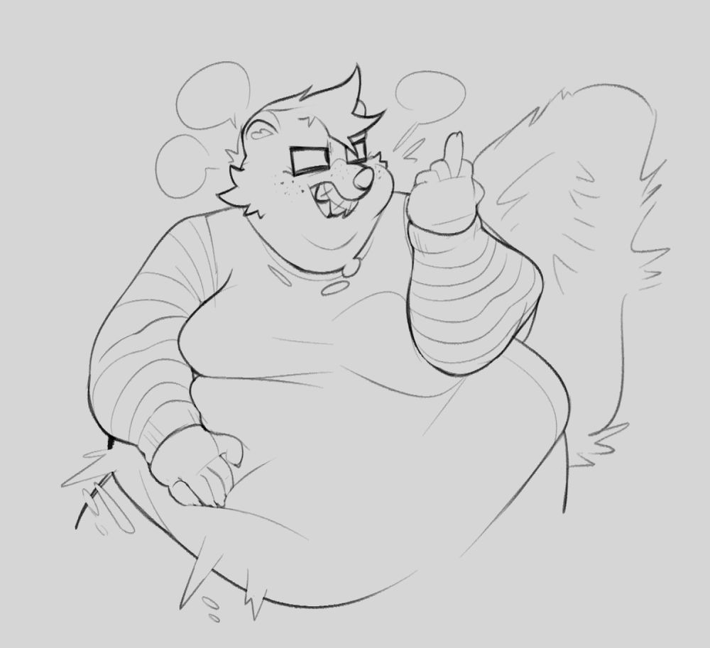 A really bloated obese skunk flips somebody off and squeezes her violently roiling gut with her other paw.