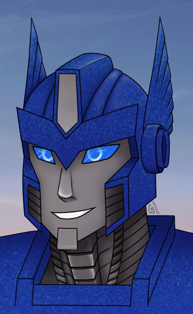 Blue metallic glitter Transformers Autobot. His finials are formed as a bird wing. He smiles happily and his sky blue eyes shimmers with warmth #Transformers #Autobot #maccadams #oc
