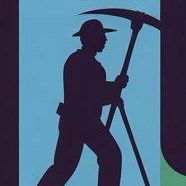 Zoomed in element of the YP poster featuring a silhouette of a miner with a giant pickaxe that has a second handle or kickstand of sone kind.