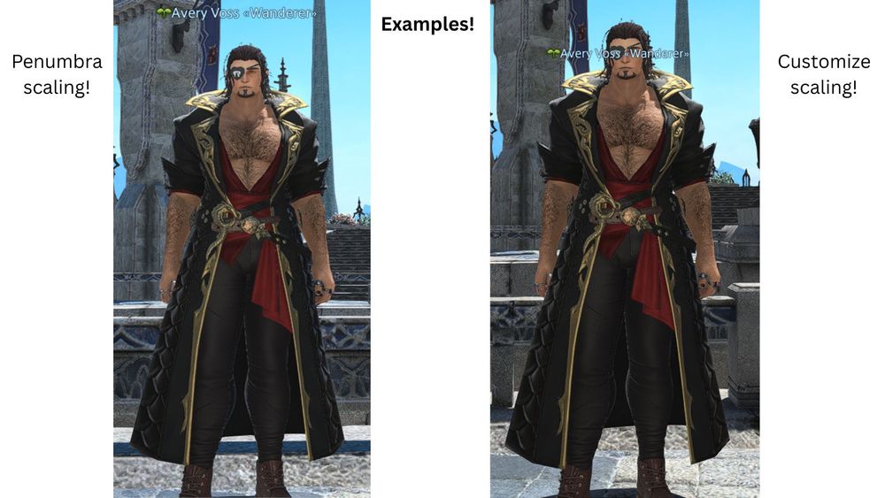 Visual examples!
First image has a highlander man on the left with his adjusted penumbra scaling height. His name plate is above his head and does not block his face being taller now
The second image which is on the right is of the same highlander man, but with Customize+ root scaling instead and the name plate is now inside of his face instead