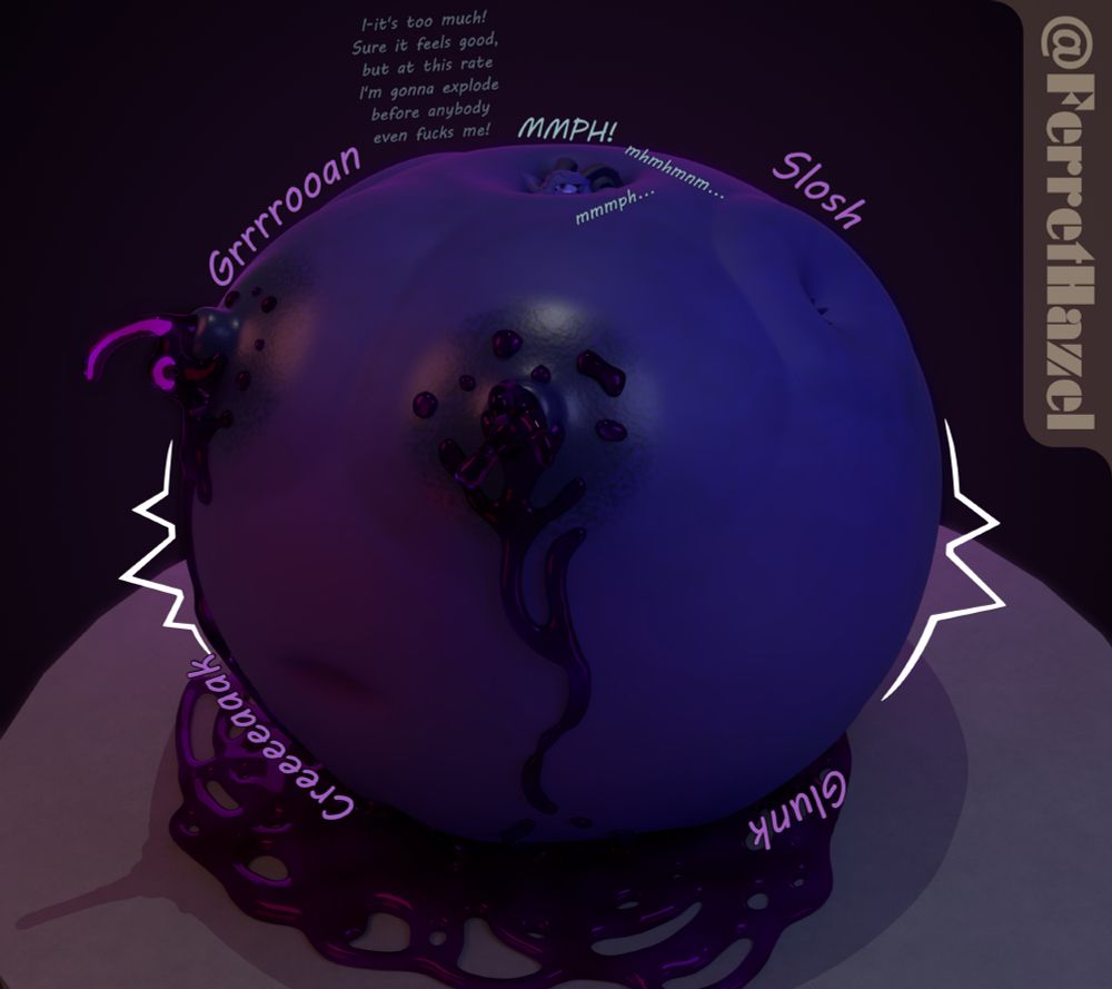 Dewdrop is now inflated with blueberry juice to large scale. Her thoughts are, "I-it's too much! Sure it feels good, but at this rate I'm gonna explode before anybody even fucks me!"