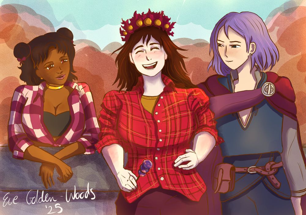 The farmer (a pale skinned woman with wavy black hair in a shaggy cut; wearing a red plaid shirt and maroon pants) with reina to her right and balor to her left. The three of them are laughing at a joke. 