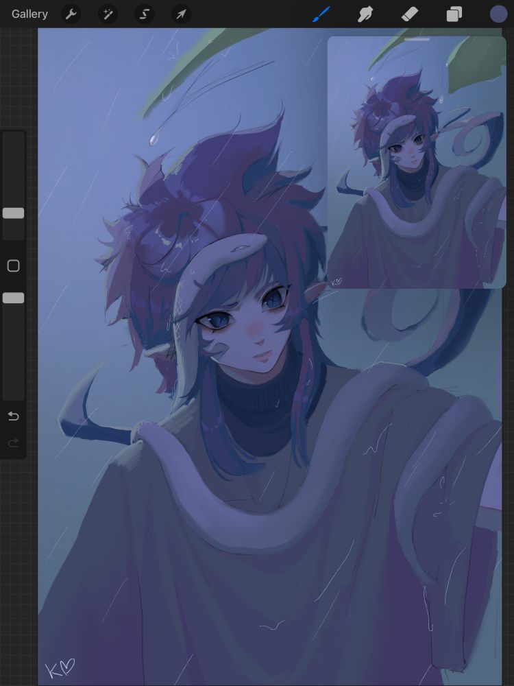 A boy with his pet snake walking in the rain. The boy in an elf with fluffy purple hair. The snake is a white, blind snake. There are big leafed plants around them.