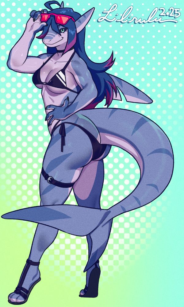 A purple and pink sharkgirl, Sibylla, wearing a bikini, sunglasses, and sandals, turning to the side and looking at the viewer, one hand lifting up the glasses and the other on her upper hip. 
