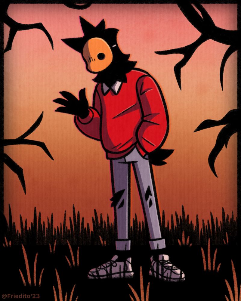 digital drawing of a black anthro wolf wearing a mask that covers their face, a red sweatshirt, ripped jeans, and sneakers. they're standing in a field at dusk, with creepy branches around the edges of the canvas