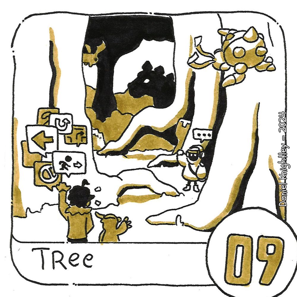 Digimonth entry #09 - Tree
A black and white image with golden shadows, drawn in a cartoon style with bold shapes and solid colors.

As Kever waves goodbye to the Traveler and his Pinguïnmon friend, he seems doubtful about the instructions delivered to him.
The Traveler keeps telling him where to go even as he waves goodbye and monsters roam the forest around them.