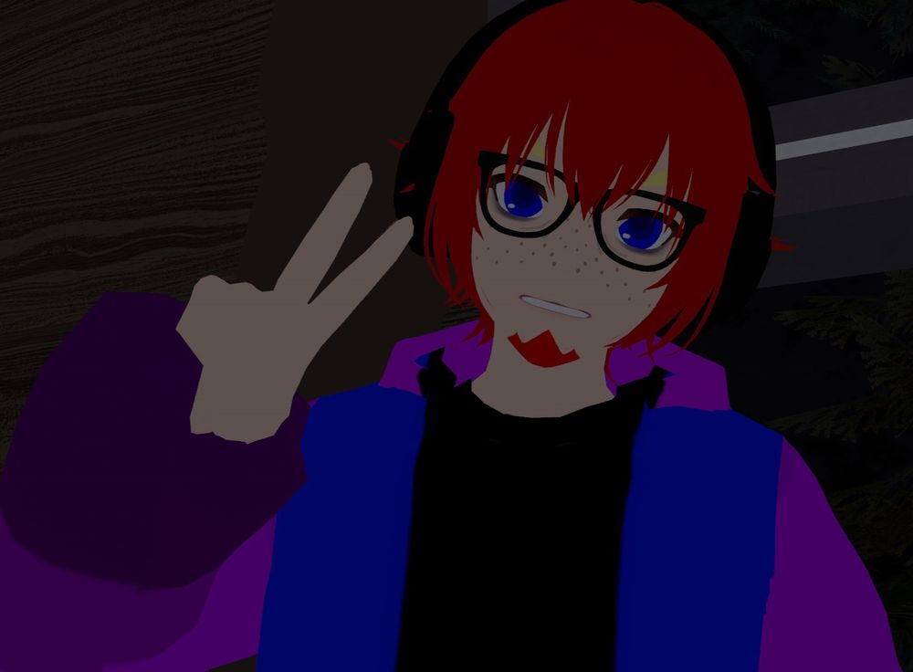 The same character model in-game. The player is posed with their hand in a peace sign, looking into the camera.