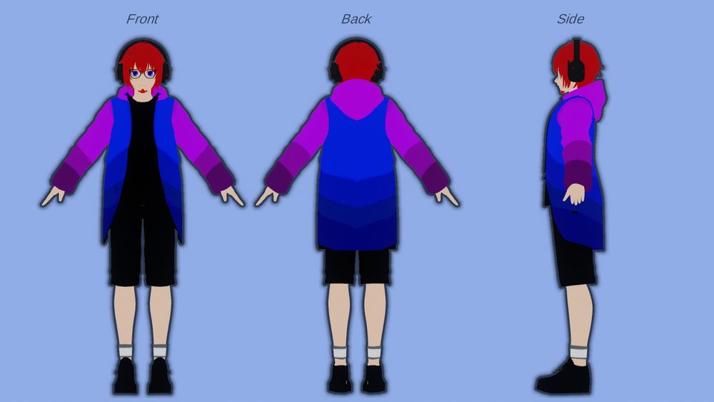 The same 3D model as before, this time showing the character from the front, back, and side.