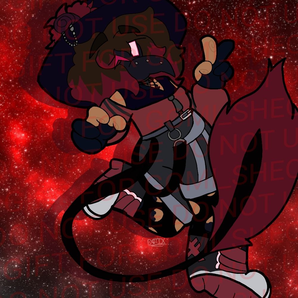 An art piece for gomisheo.bsky.social of their sona. He's standing against a red galaxy background. One leg is kicked up behind him, his tail swooping around towards the screen. He's winking one eye.