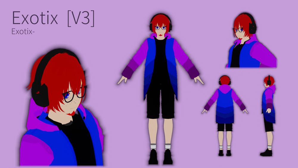 A reference page of the artist's 3D model of their persona from various angles. The character is wearing black headphones, black rimmed glasses, a blue jacket with purple sleeves and a purple hood, a black shirt underneath, black shorts, and black shoes. 
