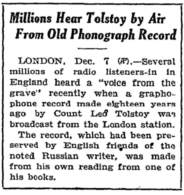Millions Hear Tolstoy by Air From Old Phonograph Record