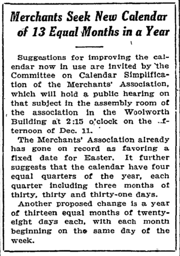 Merchants Seek New Calendar of 13 Equal Months in a Year