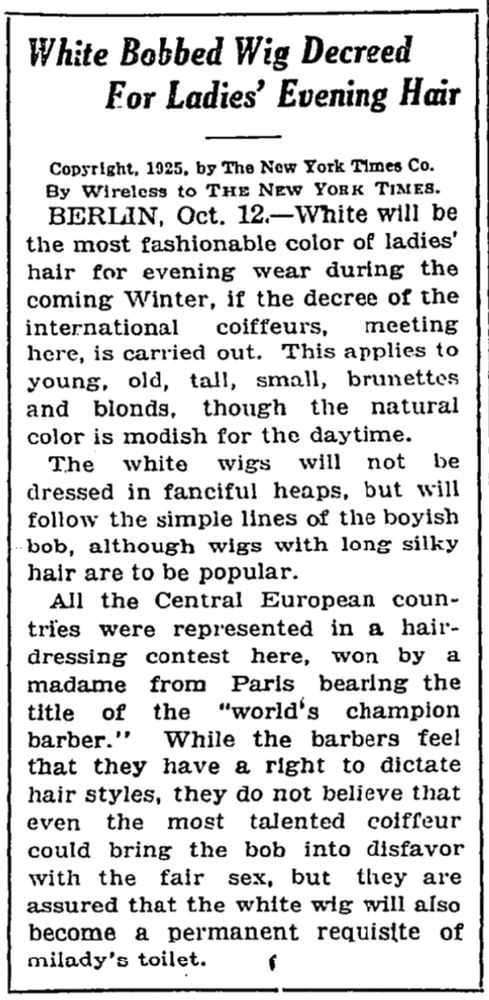 White Bobbed Wig Decreed For Ladies' Evening Hair