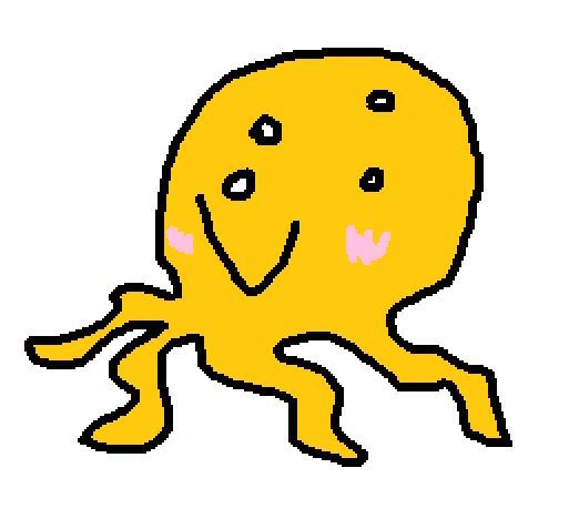 Bad MS Paint drawing of a yellow-orange sea creature in a white void. It has a bulbous head, four tentacles, four eyes, a big smile, and blushing cheeks.