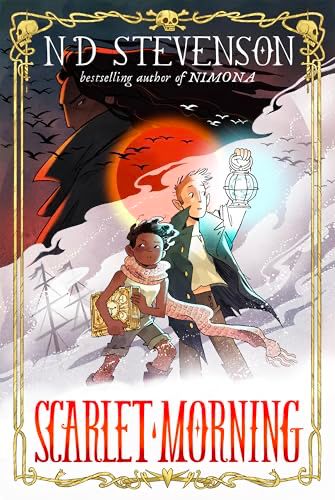 Book cover of Scarlet Morning by N.D. Stevenson. Hand-drawn illustration of two kids standing against a backdrop of a ship, a large red sun, and the silhouette of a woman with long hair 