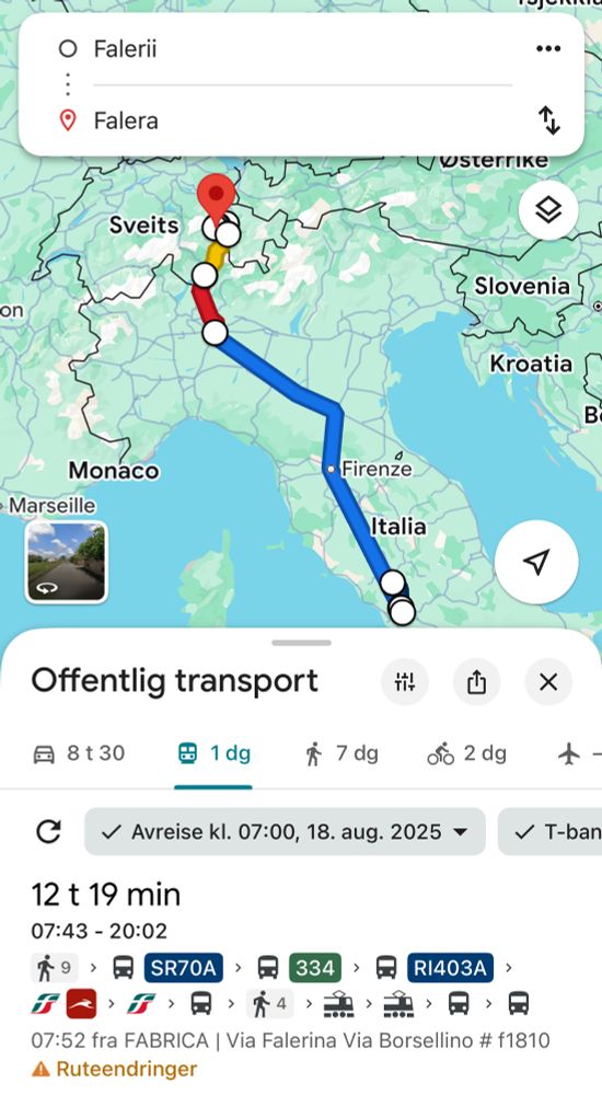 Skjermbilde fra Google Maps som viser at man kommer seg fra Falerii til Falera på 12 timer og 19 minutter