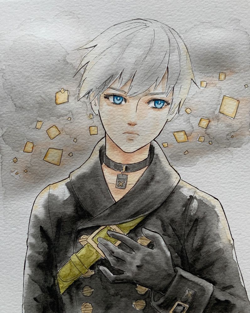 Watercolor painting of 9S from NieR Automata.