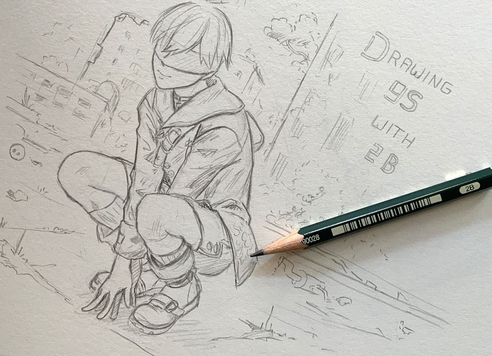 Pencil sketch of 9S from the game Nier Automata.