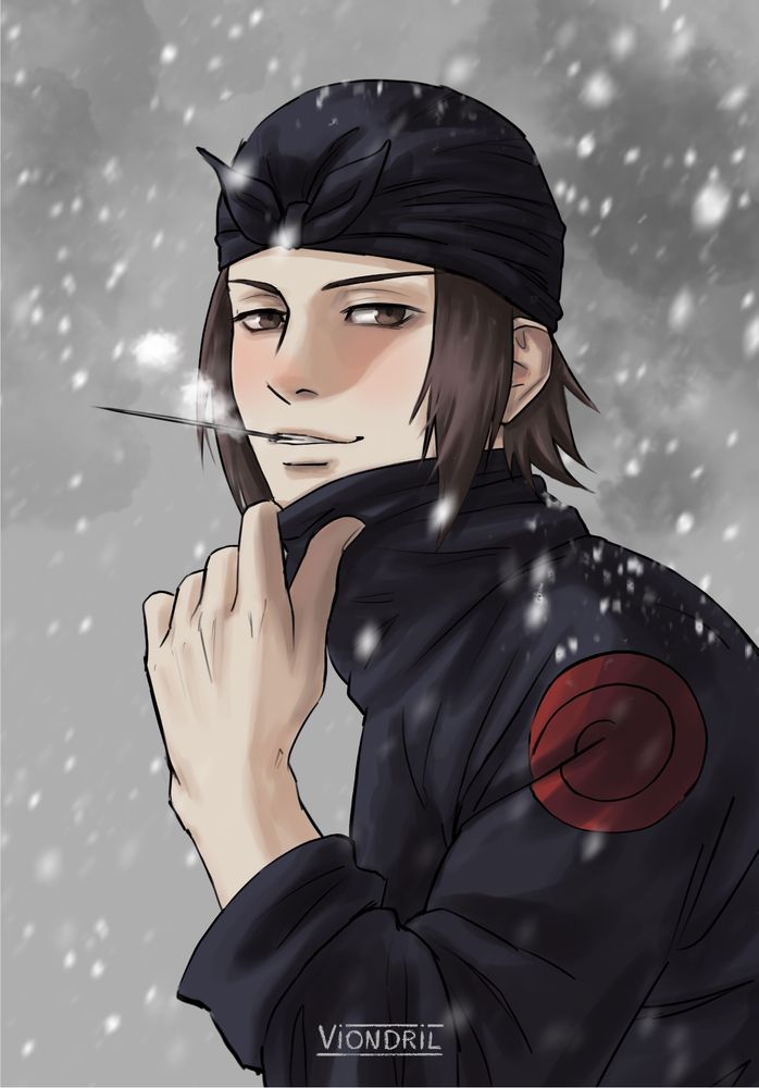 Digital painting of Genma from Naruto. It is snowing, so he pulls up the collar of his sweatshirt. He smiles as little clouds rise from his mouth.