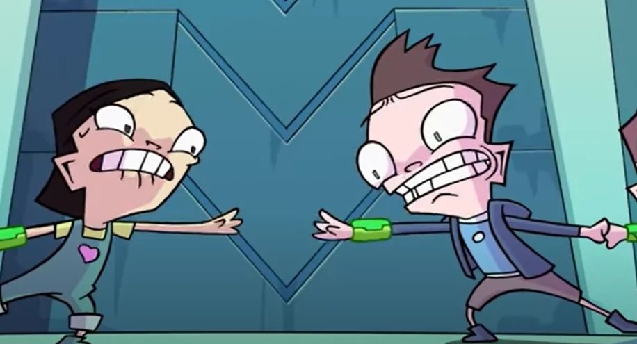 Screen grab from Invader Zim Enter the Florpus of two kids gritting their teeth trying to grab hands