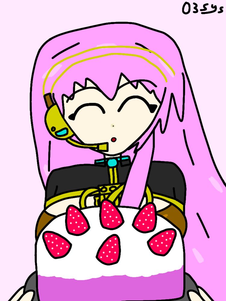 A digital drawing of Luka Megurine (SP module) with a happy expression with her eyes closed. The POV is holding a dark grey tray with a white and pink cake with 6 strawberries on top. The background is a solid light pink. My watermark resembling my logo (text captioned "03Sys") is in the top right of the drawing, colored black.