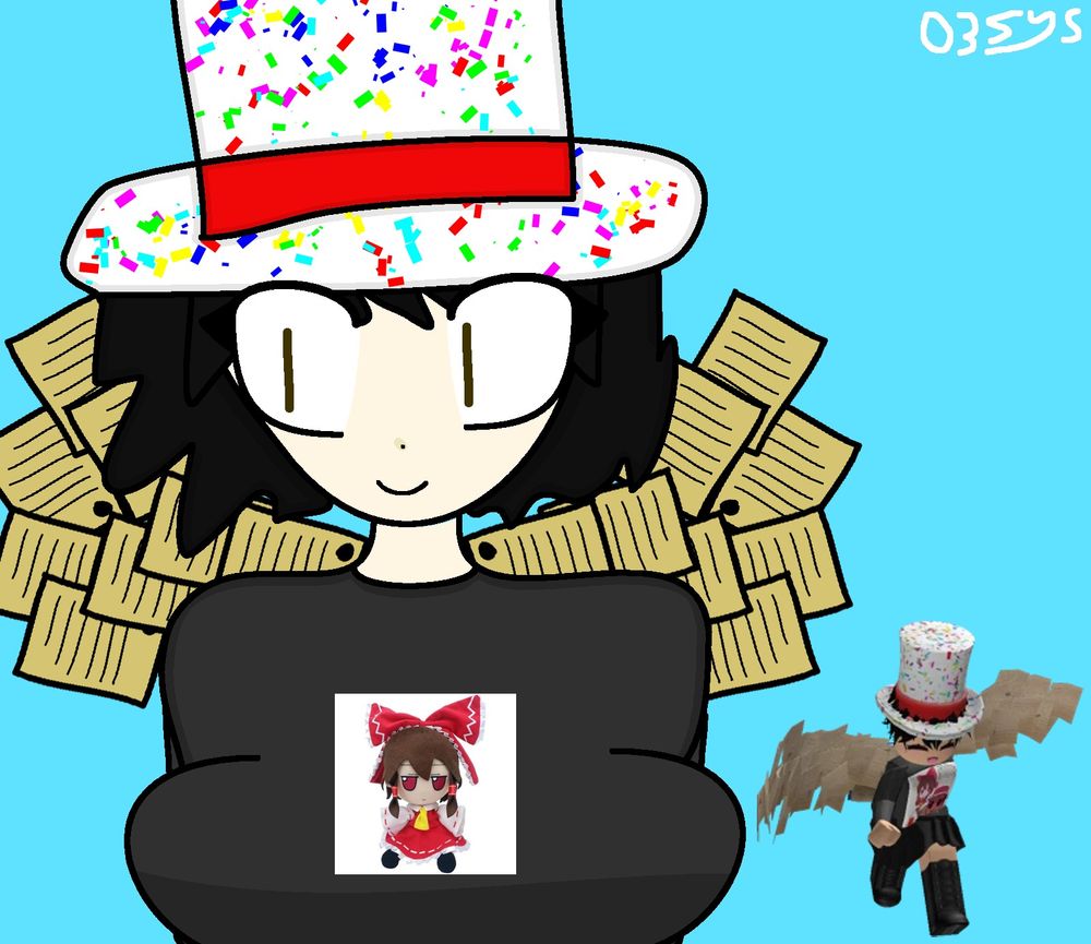 A digital drawing of nonogamer9's ROBLOX avatar, showing a female character with brown eyes and a short spiky black hair, wearing a grey t-shirt with a Reimu Hakurei Fumo photo printed, and paper wings, smiling to the side. The reference is shown on the bottom right of the drawing, and my signature, resembling my logo (white text captioned "03Sys"), is in the top right of the drawing.